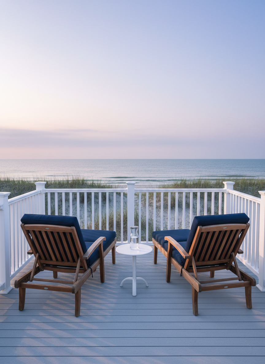 A serene beachfront deck belonging to Kinsey Cottage, featuring a smooth, weather-resistant light-gray composite floor and sturdy white railings. Two empty teak lounge chairs with crisp navy cushions face the rolling waves, with a small, round, white side table between them holding a single glass carafe of water. The early morning light is soft and cool, casting long, delicate shadows across the deck and creating a subtle sheen on the chair arms. Beyond the railings, dune grass and pale sand lead to a gently shimmering ocean under a pastel sky. Shot at eye level with a moderate depth of field, the chairs are in sharp focus while the seascape is slightly softened, evoking a tranquil, luxurious, photographic realism perfect for a professional rental homepage hero image.