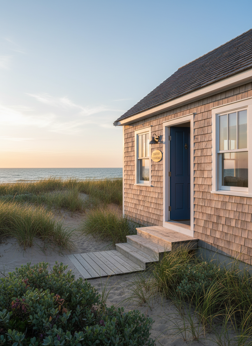 A charming coastal cottage exterior named “Kinsey Cottage,” featuring weathered light-gray shingles, crisp white trim, and a deep blue front door with a polished brass cottage sign. The cottage sits slightly elevated on a sandy dune, surrounded by native beach grasses and low, windswept shrubs. In the distance, the ocean horizon glows under late afternoon golden hour light, casting warm highlights on the siding and gentle shadows along the wooden steps. The sky is clear with a few soft clouds, creating a calm, inviting atmosphere. Photographed at eye level with a wide-angle lens, the composition uses the rule of thirds to frame the cottage against the sea, in clean, photographic realism suited to a professional beach rental listing.