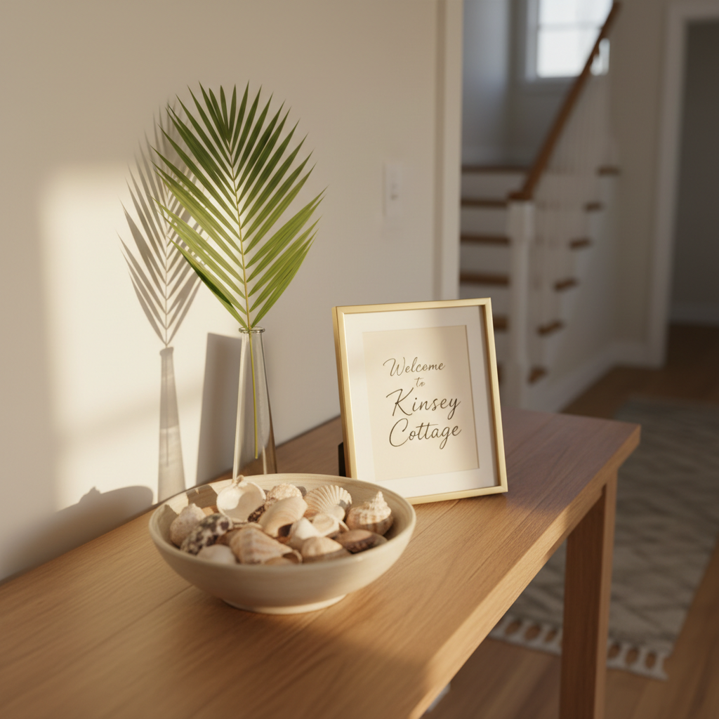 A tastefully arranged welcome vignette inside Kinsey Cottage, featuring a reclaimed-wood console table with a smooth, matte finish positioned against a warm white wall. On the table rests a simple ceramic bowl filled with assorted local seashells, a small glass vase holding a single palm frond, and a framed, professionally printed card reading “Welcome to Kinsey Cottage” in elegant script. Soft, diffused afternoon light enters from the side, creating subtle shadows under each object and a gentle sheen on the frame’s brushed metal edge. The composition, captured straight-on with a medium depth of field, keeps the vignette in crisp focus while the surrounding hallway softly fades, conveying a polished yet personal atmosphere in clean, professional photographic realism ideal for a beach rental brand image.