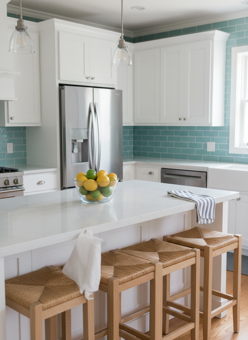 A carefully styled coastal kitchen and breakfast bar inside Kinsey Cottage, featuring matte white shaker cabinets, a pale quartz countertop with subtle veining, and a backsplash of glossy sea-glass-blue subway tiles. Three backless light-wood stools with woven rush seats are neatly aligned at the island. Soft midday sunlight filters through an unseen window, reflecting gently off stainless steel appliances and creating a clean, airy glow. A large glass bowl filled with bright lemons and limes adds a fresh pop of color beside a folded navy-striped linen towel. Photographed from a slightly elevated, three-quarter angle with sharp focus, the composition highlights both functionality and style in a professional, minimalist photographic aesthetic ideal for showcasing upscale beach rental amenities.