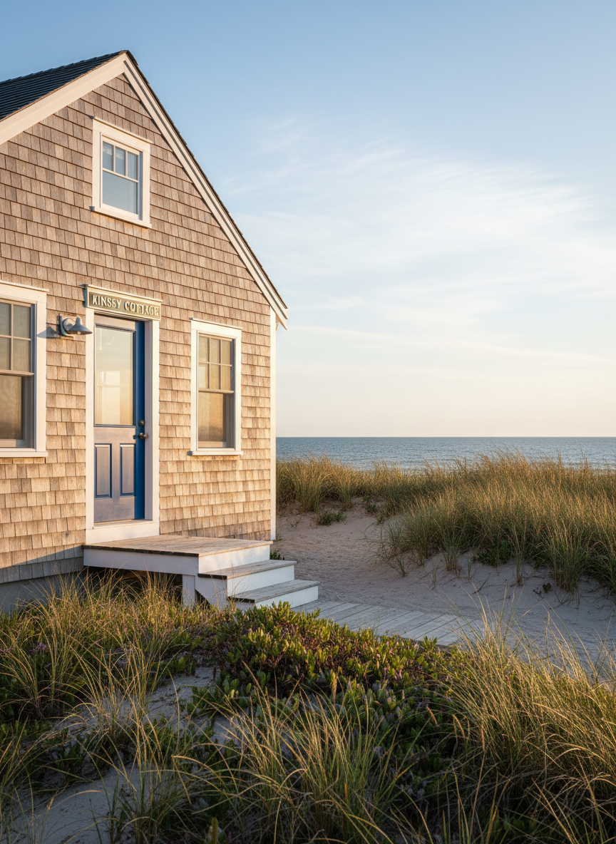 A charming coastal cottage exterior named “Kinsey Cottage,” featuring weathered light-gray shingles, crisp white trim, and a deep blue front door with a polished brass cottage sign. The cottage sits slightly elevated on a sandy dune, surrounded by native beach grasses and low, windswept shrubs. In the distance, the ocean horizon glows under late afternoon golden hour light, casting warm highlights on the siding and gentle shadows along the wooden steps. The sky is clear with a few soft clouds, creating a calm, inviting atmosphere. Photographed at eye level with a wide-angle lens, the composition uses the rule of thirds to frame the cottage against the sea, in clean, photographic realism suited to a professional beach rental listing.