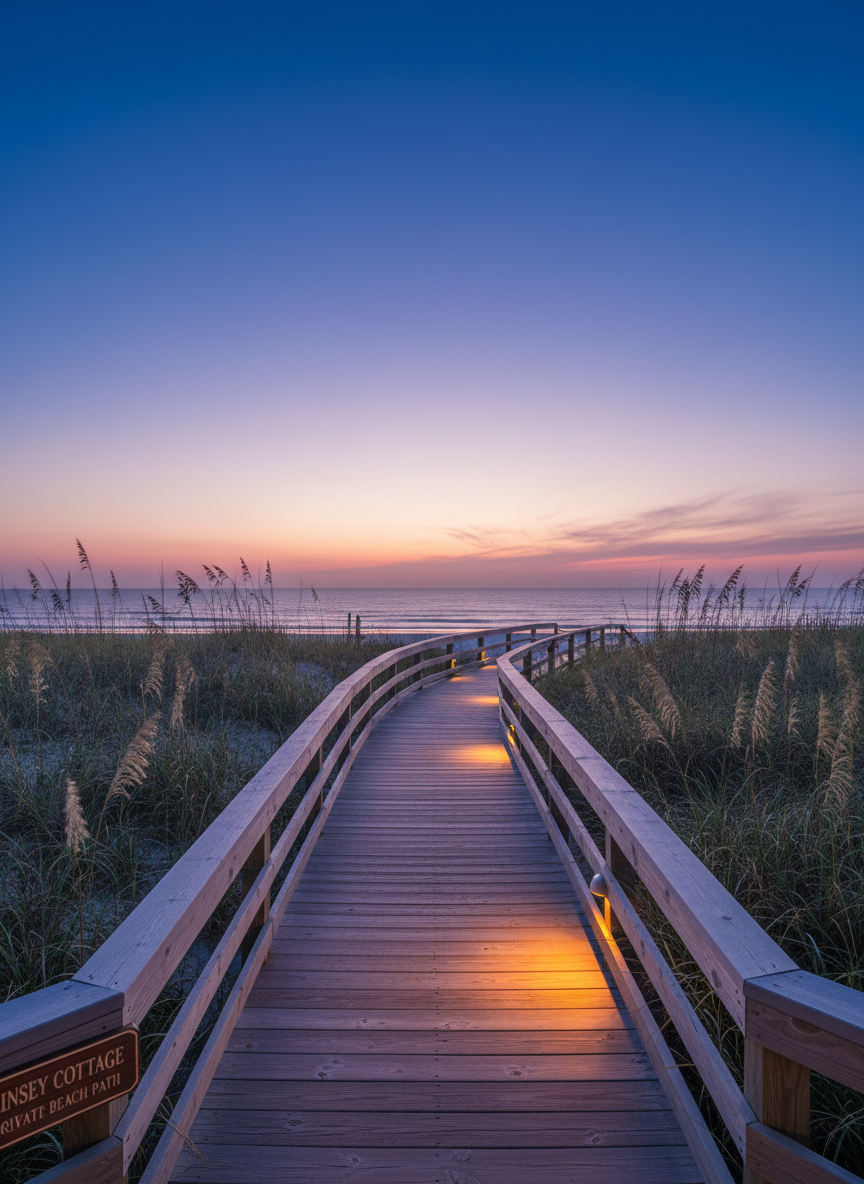 An inviting evening exterior of Kinsey Cottage’s private path to the beach, featuring a gently curving wooden boardwalk elevated above dune grass and sea oats. Discreet, low-profile deck lights cast a warm amber glow along the planks, creating rhythmic pools of light that lead the eye toward the softly illuminated shoreline in the distance. The sky transitions from deep blue to soft violet, with the last traces of sunset reflected on the calm ocean. The atmosphere is serene and exclusive, suggesting a private retreat. Photographed from a low angle along the boardwalk with strong leading lines and sharp focus throughout, the realistic, professional photographic style emphasizes access to the beach as a premium feature of the rental.