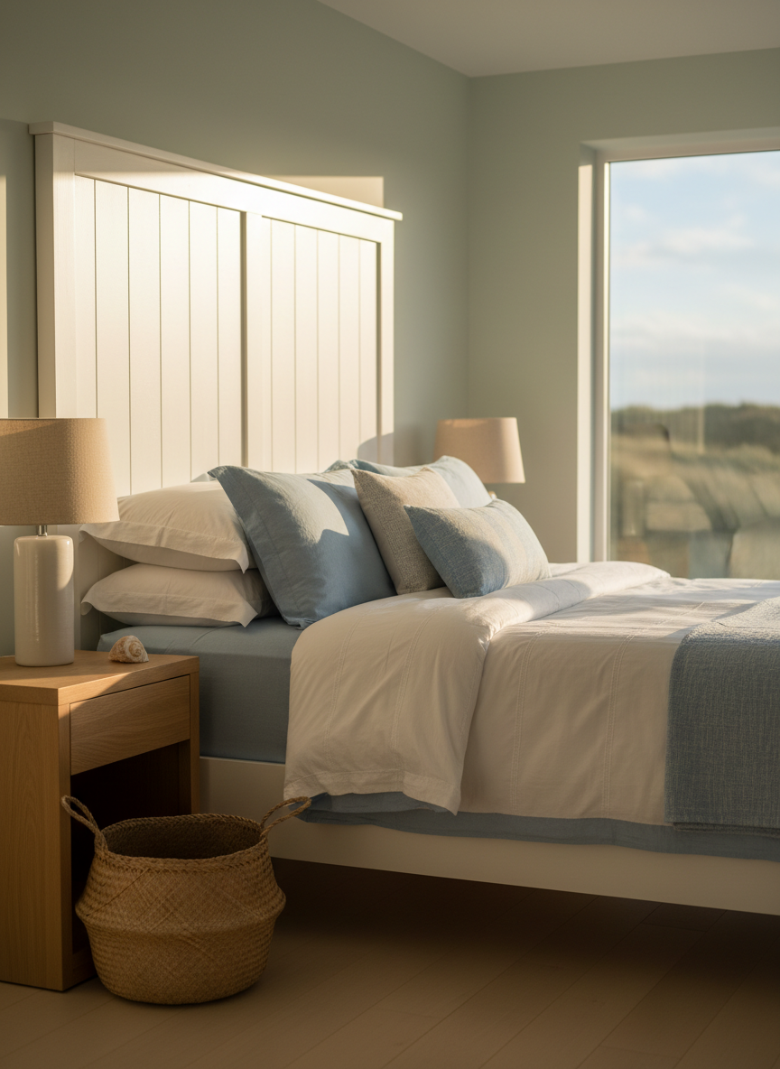 A sunlit primary bedroom at Kinsey Cottage, featuring a queen-sized bed with a high, white-paneled headboard and layered white and soft-blue bedding in crisp cotton textures. A light oak nightstand holds a simple ceramic lamp with a sand-colored linen shade and a small conch shell. A large window frames a blurred view of dunes and sky, filling the room with warm late-afternoon light that casts gentle shadows across the duvet and highlights the subtle weave of the fabrics. The walls are a pale seafoam, and a woven seagrass basket rests near the foot of the bed. Captured at eye level with a shallow depth of field, the bed is in sharp focus while the background softens slightly, creating a serene, restful mood in refined photographic realism for a professional rental listing.