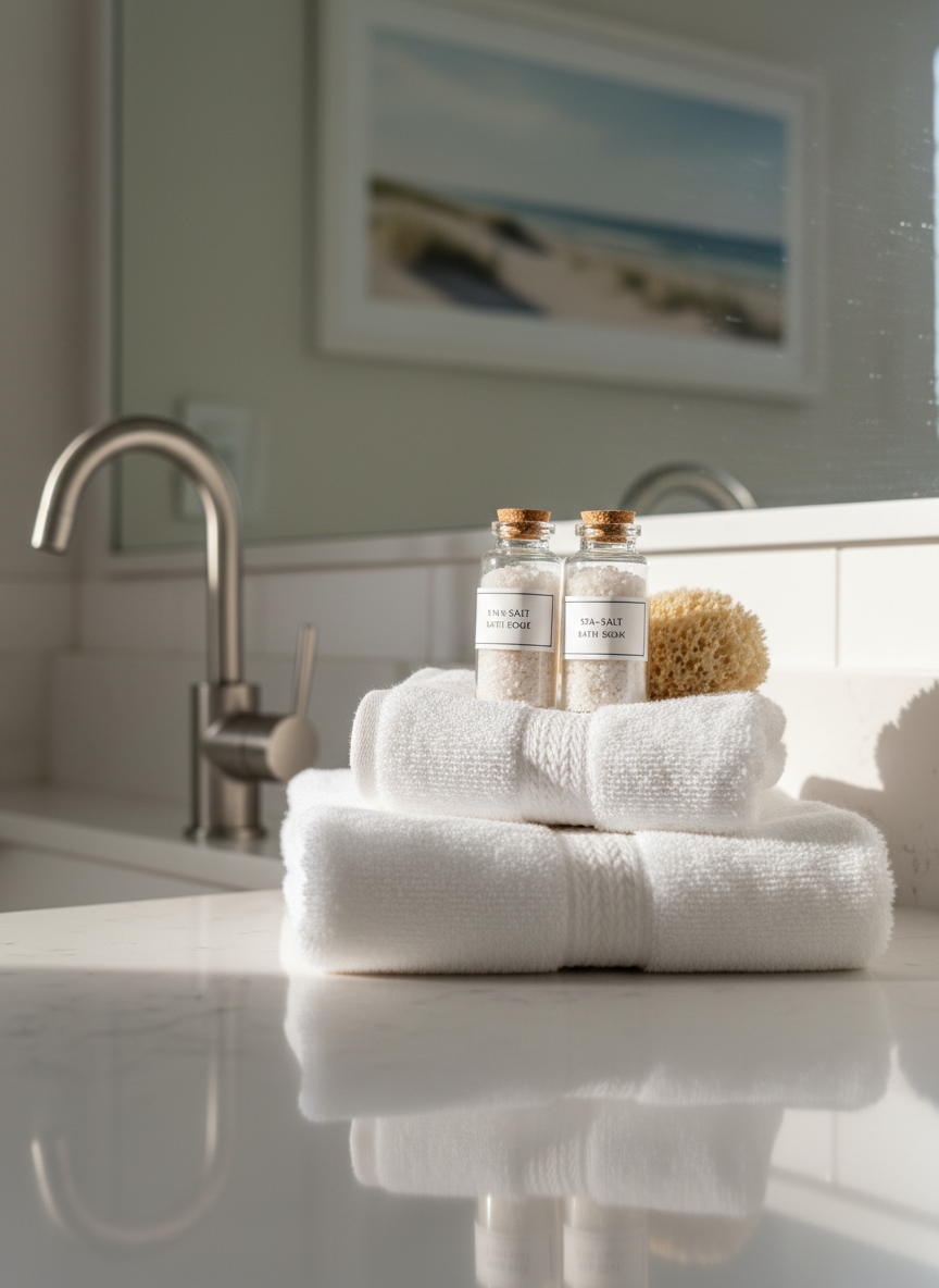 A detailed close-up of high-end beach rental amenities at Kinsey Cottage: a neatly stacked trio of plush white bath towels with a subtle ribbed border, topped by two small glass bottles of sea-salt bath soak and a natural sea sponge. They rest on a smooth, pale quartz bathroom vanity beside a matte chrome faucet, with a faint reflection visible on the countertop. Soft, diffused daylight enters from an unseen window, creating delicate highlights on the glass and gentle shadows behind the towels. The background shows a softly blurred hint of white subway tile and a framed coastal print. Captured from a low, close-up angle with a shallow depth of field, the mood is calm and luxurious, in clean photographic realism that underscores the professional quality of the beach rental.